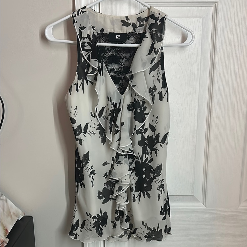 Iz Byer Black and White Ruffled Blouse